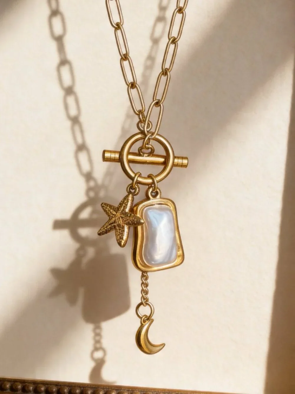 Gold Starfish Moon Charm Necklace Stainless Steel - Picture 5 of 13
